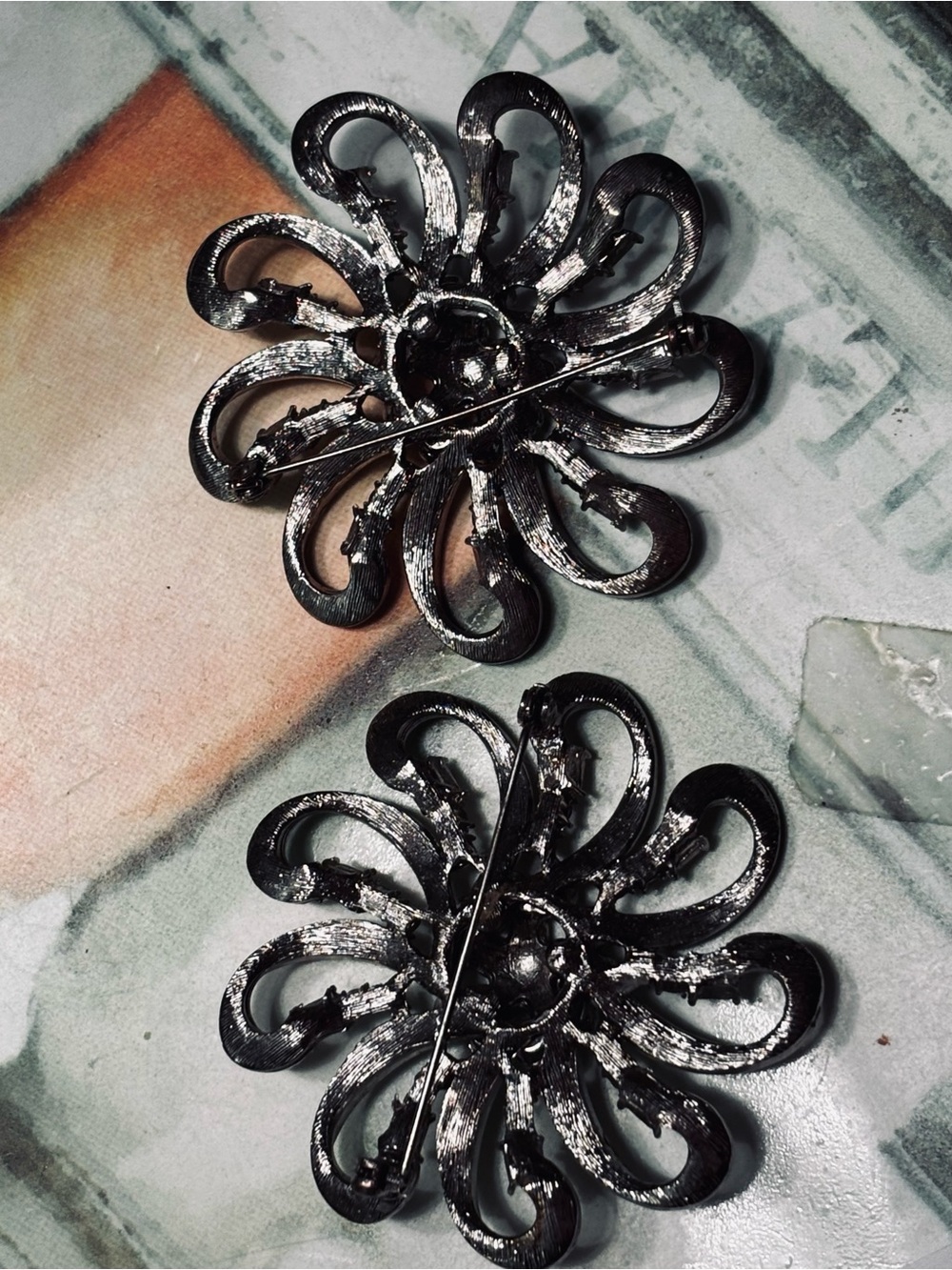 Vintage-Inspired Black Floral Statement Brooch Pair
